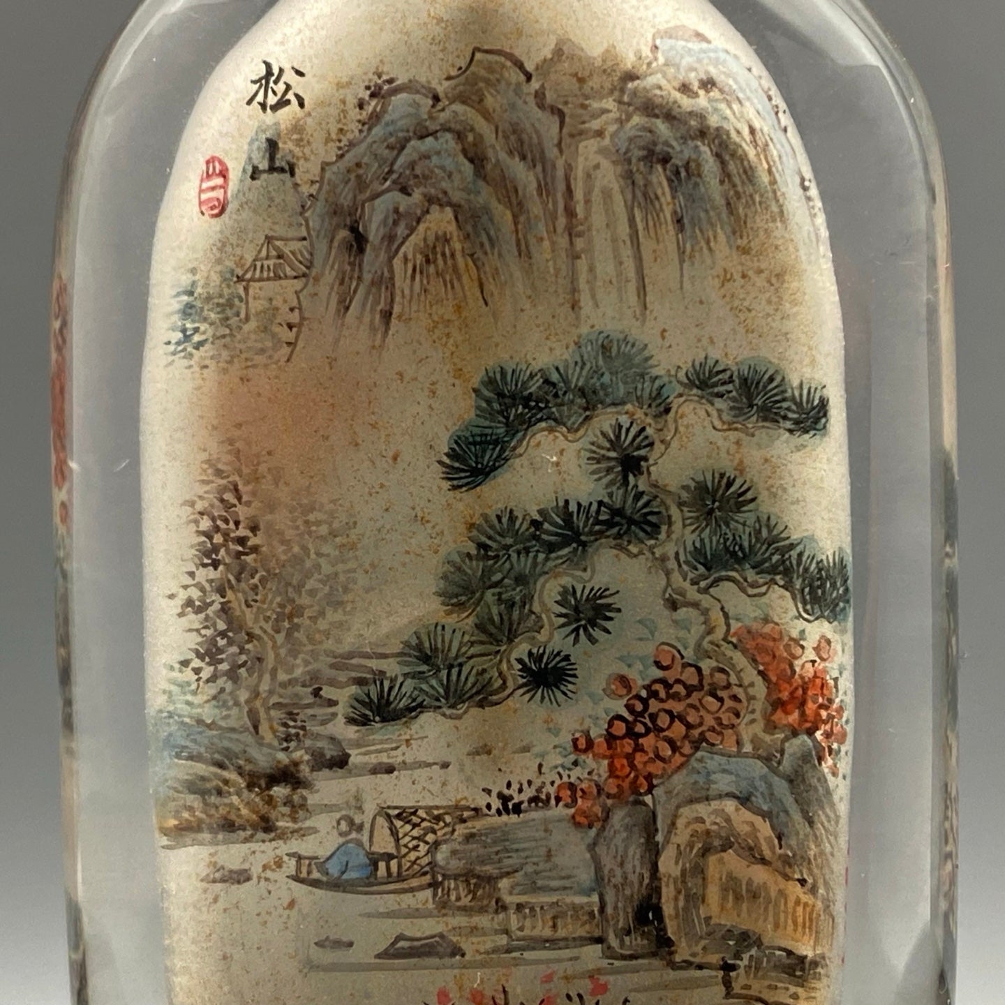 A1041 Old Chinese Peking Glass Inside Painting Mountain River Scene Design Snuff Bottle w Stopper