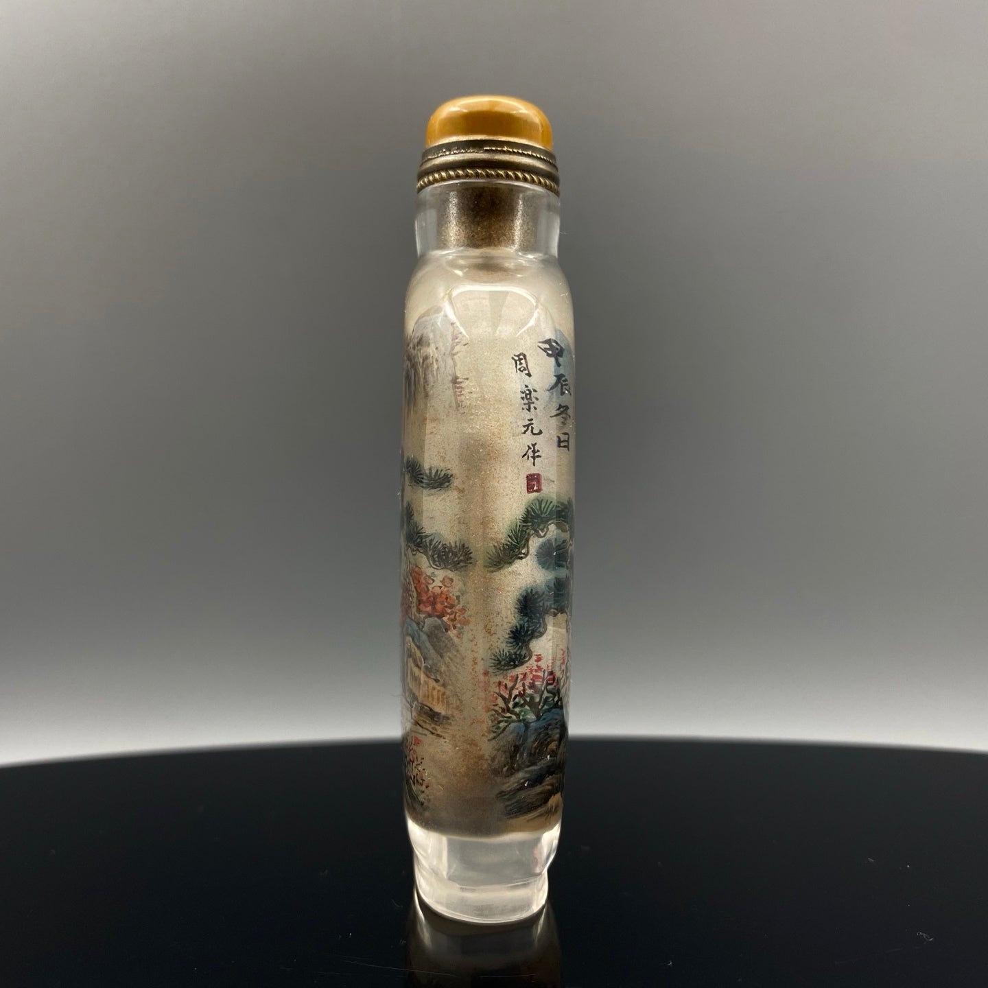 A1041 Old Chinese Peking Glass Inside Painting Mountain River Scene Design Snuff Bottle w Stopper