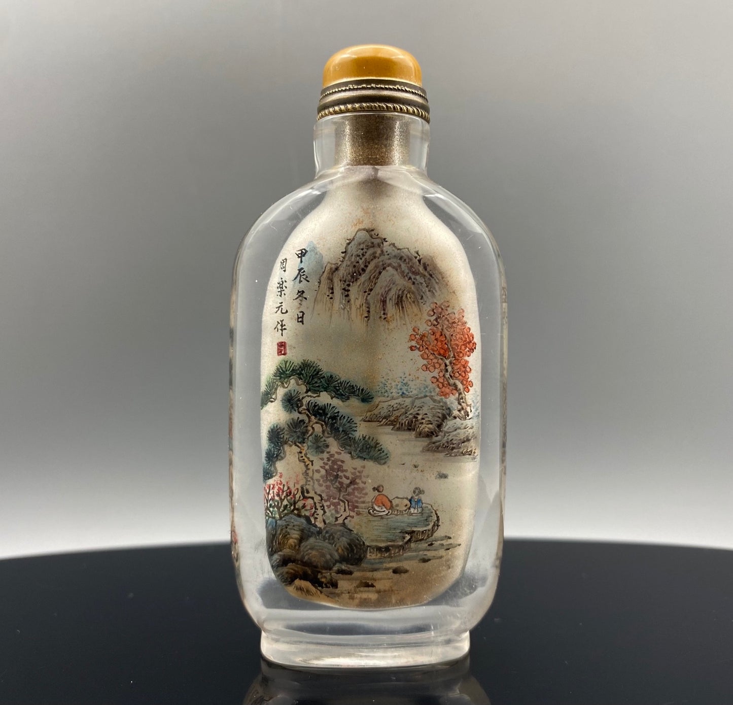 A1041 Old Chinese Peking Glass Inside Painting Mountain River Scene Design Snuff Bottle w Stopper