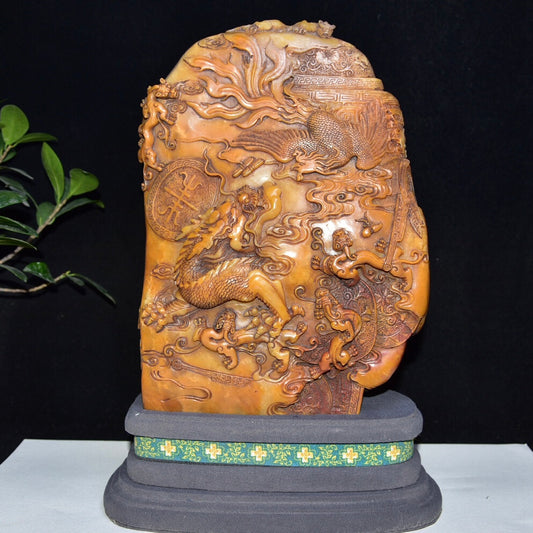 A1046 Superb Old Chinese Shoushan Tianhuang Stone Carved Dragon Phoenix Seal Statue w Box