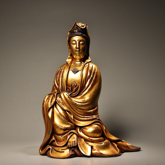 A1052 Superb Old Chinese Gilt Gold Copper Kwan-yin Statue