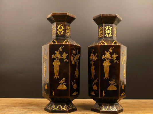 A1060 A Pair Old Chinese Gilt Gold Copper Flowers Design Vase