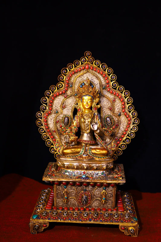 A1063 Tibetan Silver Wires Inlay Turquoise & DZI Agate & Gems Tara Statue