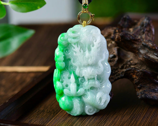 A1069 Exquisite Jadeite Carved Fortune Dragon Pendant