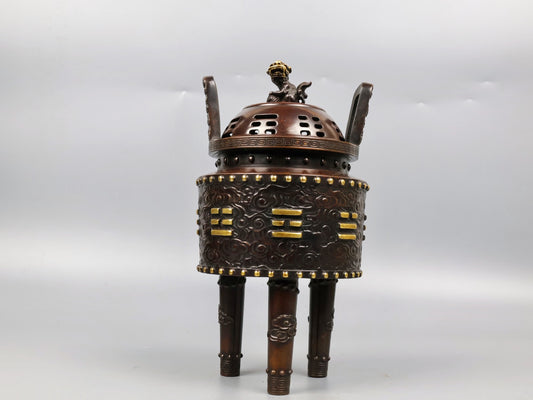 A1070 Vintage Chinese Gilt Gold Copper 3 Legs Double Ears Incense Burner