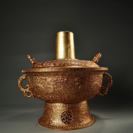 A1074 Vintage Chinese Gilt Gold Copper Fortune Dragon Design Hot Pot Stove