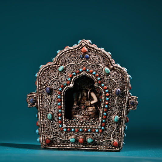 A1081 Tibetan Silver Wires Inlay Turquoise & Lapis Lazuli Buddha Gawu Box