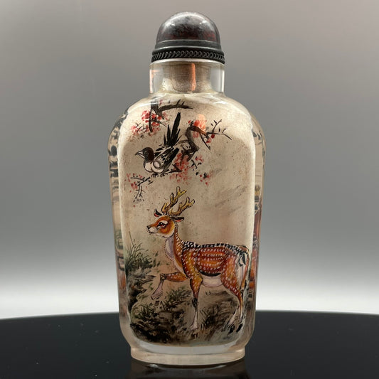 A1100 Old Chinese Crystal Inside Painting Fortune Deer Design Snuff Bottle w Stopper