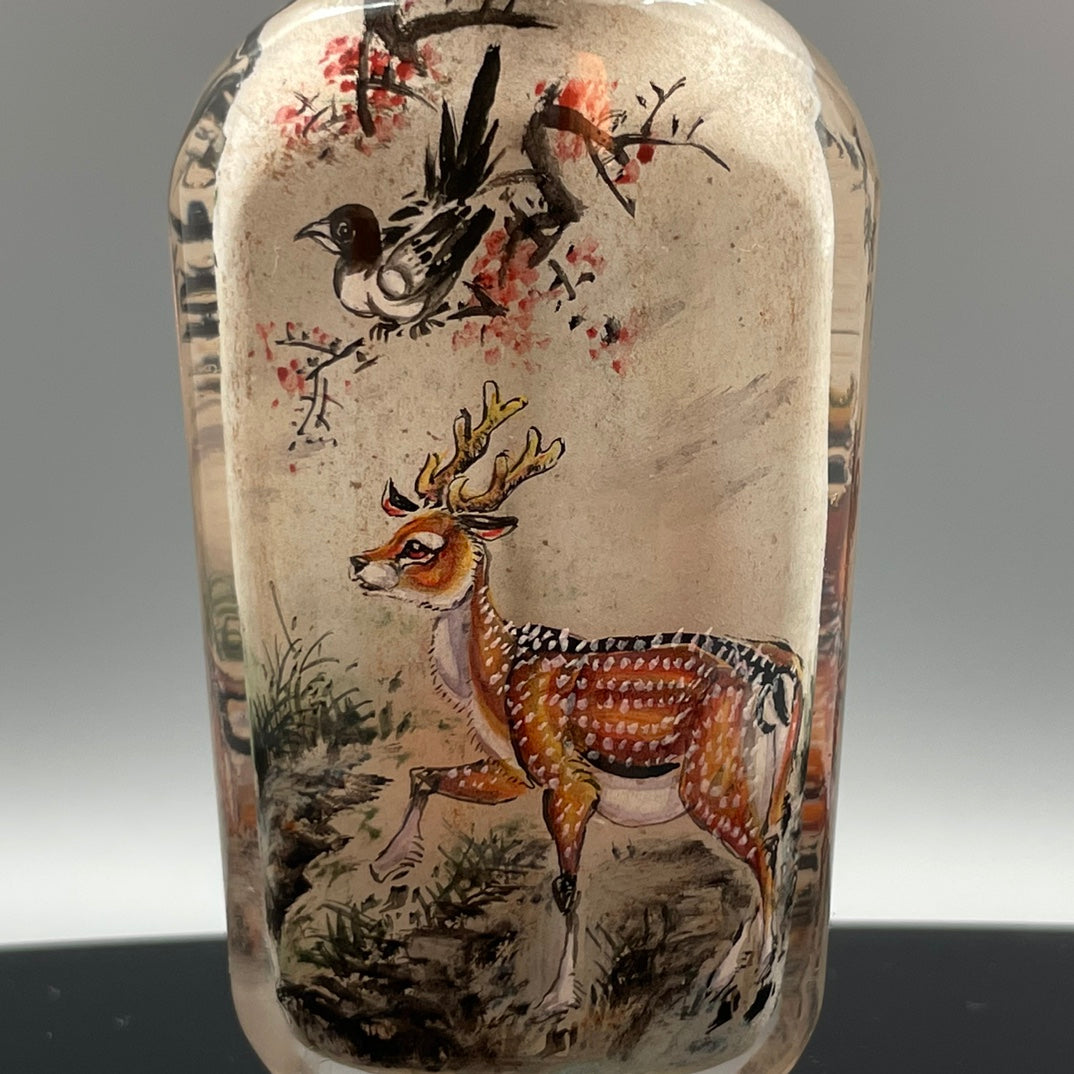 A1100 Old Chinese Crystal Inside Painting Fortune Deer Design Snuff Bottle w Stopper