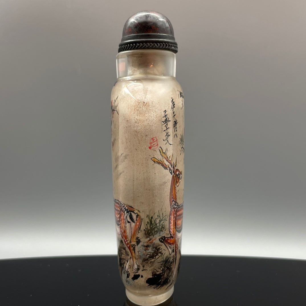 A1100 Old Chinese Crystal Inside Painting Fortune Deer Design Snuff Bottle w Stopper