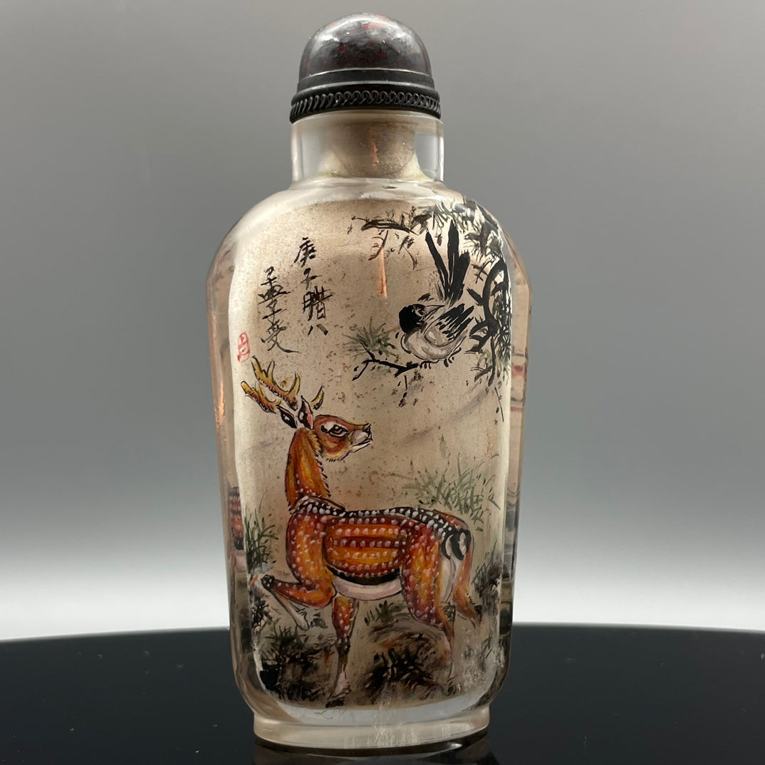 A1100 Old Chinese Crystal Inside Painting Fortune Deer Design Snuff Bottle w Stopper