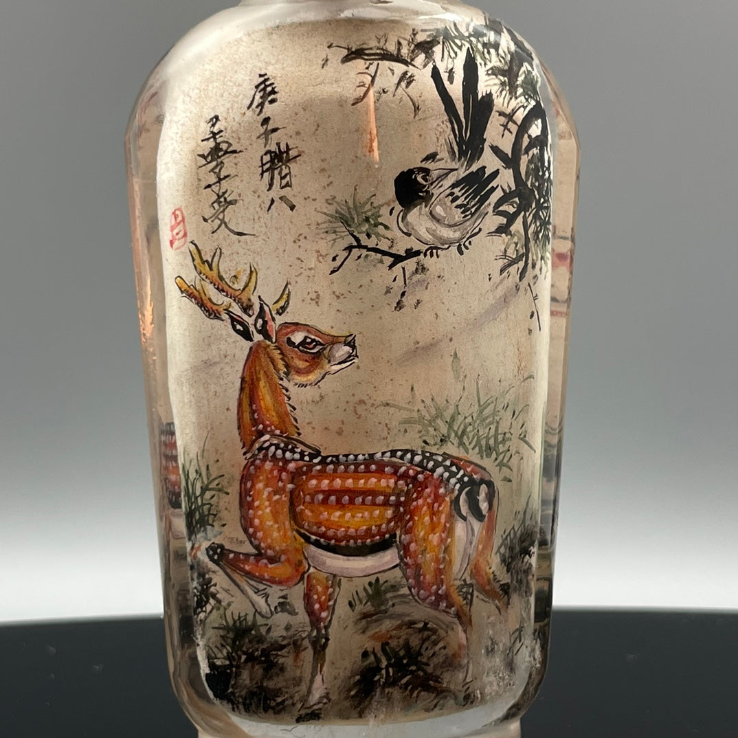 A1100 Old Chinese Crystal Inside Painting Fortune Deer Design Snuff Bottle w Stopper