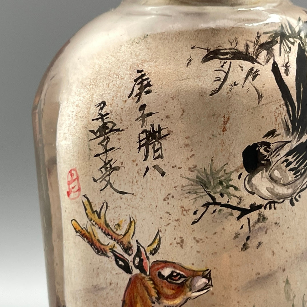 A1100 Old Chinese Crystal Inside Painting Fortune Deer Design Snuff Bottle w Stopper