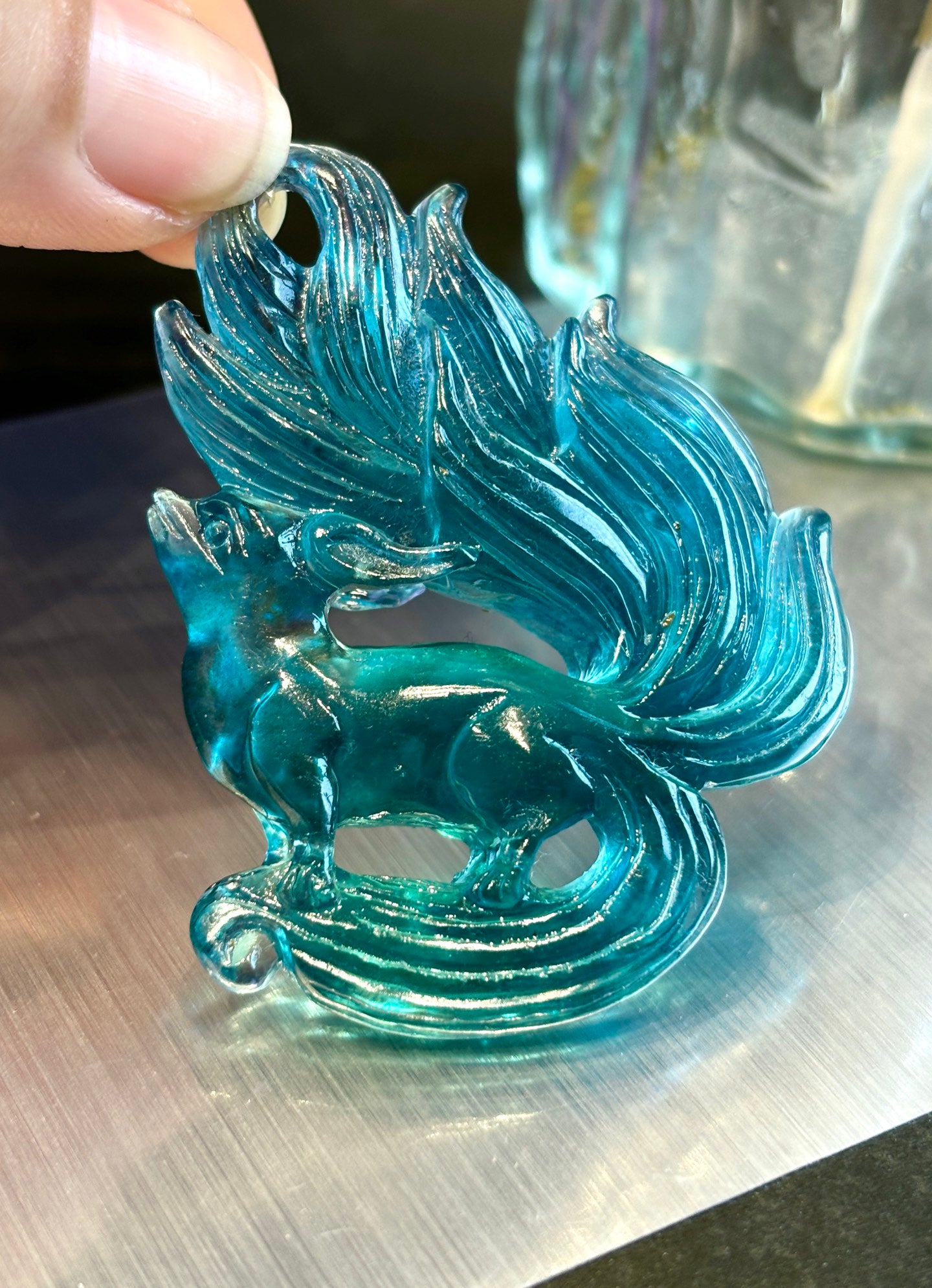 A1101 Beautiful Aquamarine Carved Nine-tailed Fox Pendant