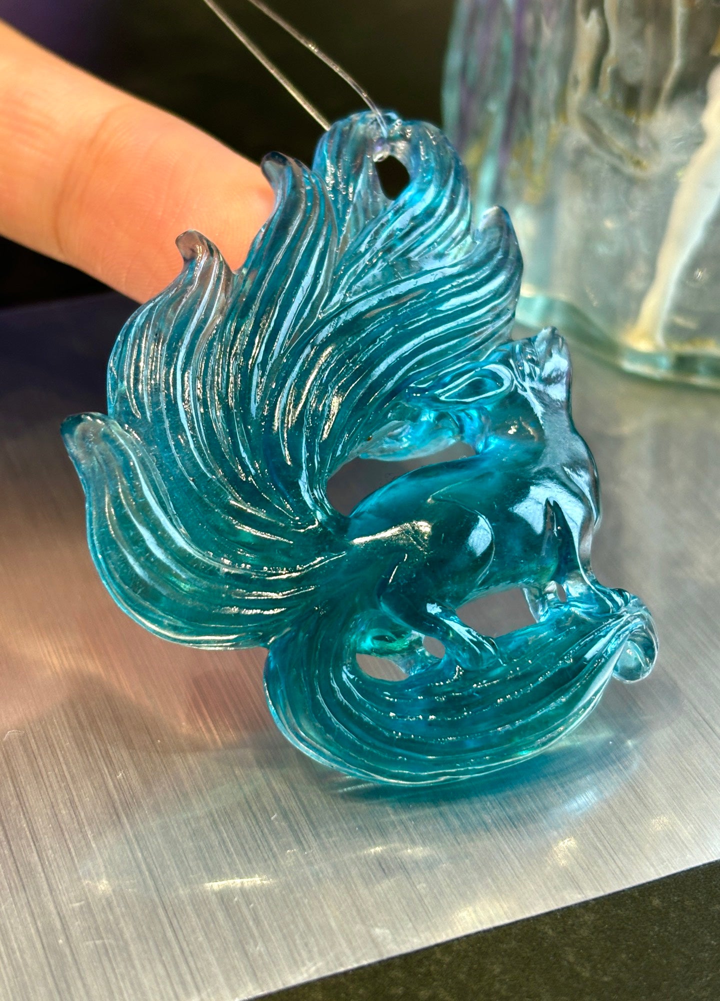 A1101 Beautiful Aquamarine Carved Nine-tailed Fox Pendant