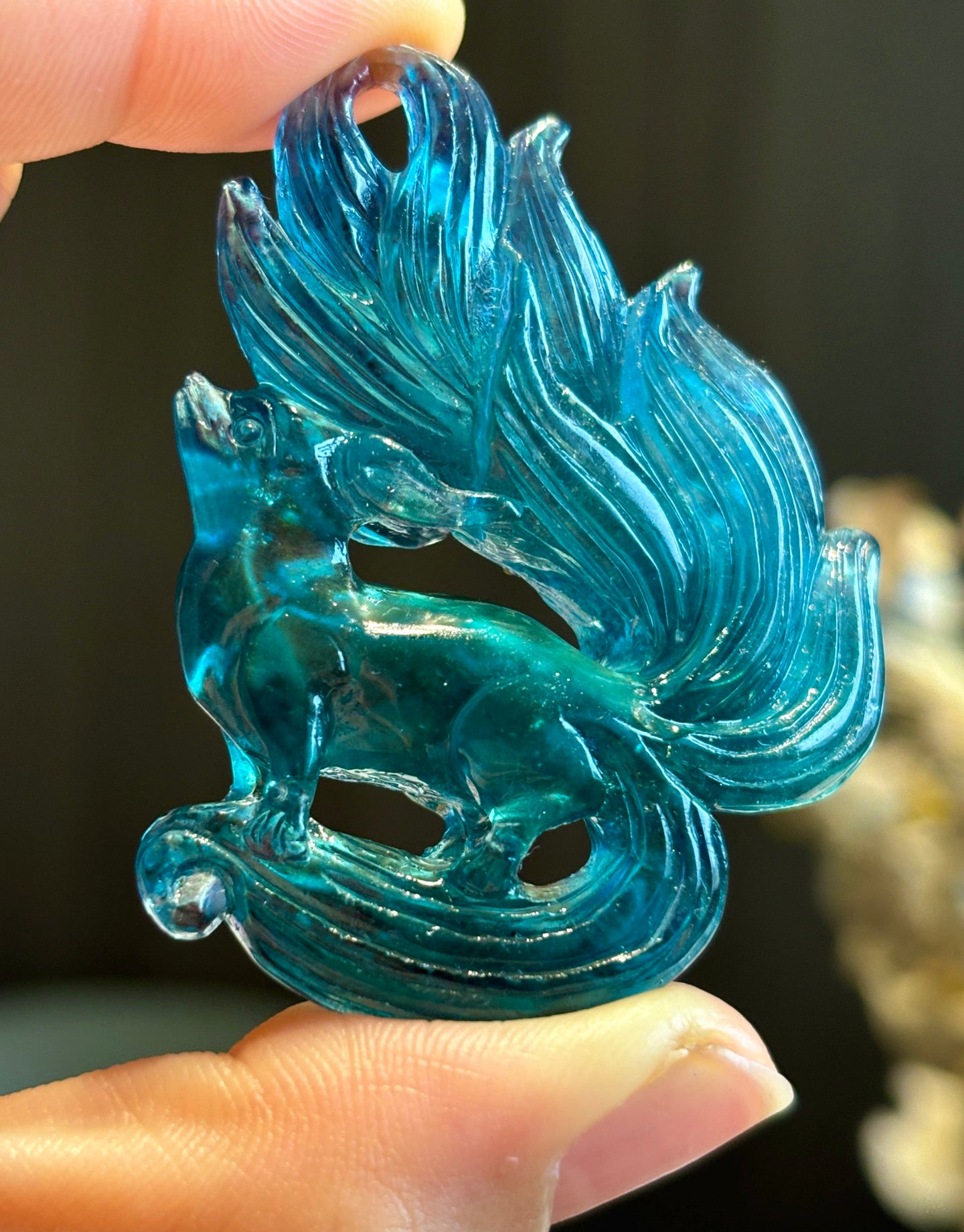 A1101 Beautiful Aquamarine Carved Nine-tailed Fox Pendant