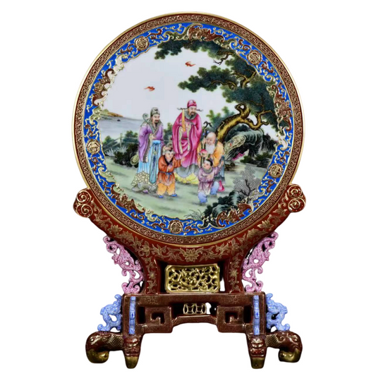A1104 Chinese Qing Dynasty Gilt Gold Famille Rose Enamel Taoism Deity Fukurokuju Design Porcelain Screen