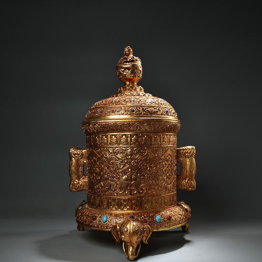 A1115 Vintage Chinese Gilt Gold Copper Inlay Gems Double Ear Incense Burner