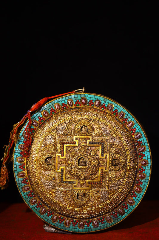 A1122 Tibetan Silver Plated Gilt Gold Inlay Turquoise & DZI Agate & Gems Tangka