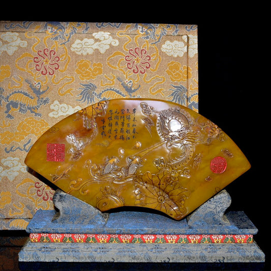 A1123 Superb Old Chinese Shoushan Tianhuang Stone Low Relief Fortune Dragon Seal Statue w Box