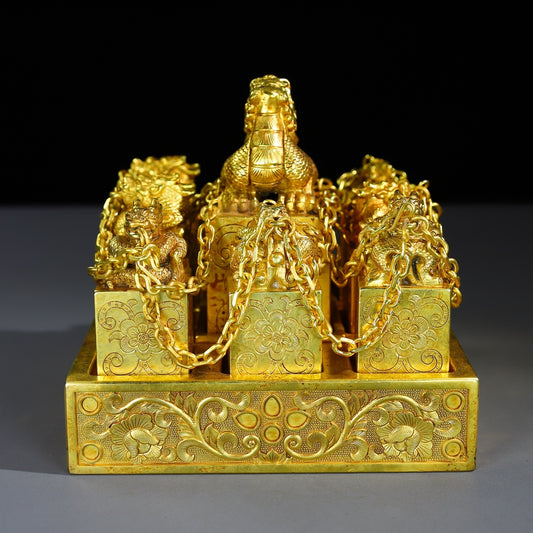 A1125 A Set Vintage Chinese Gilt Gold Copper Nine Dragon Seals
