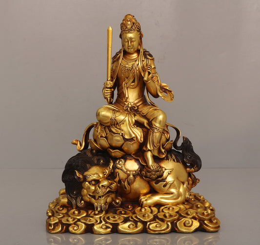A1132 Vintage Chinese Gilt Gold Copper Manjushri Bodhisattva Statue