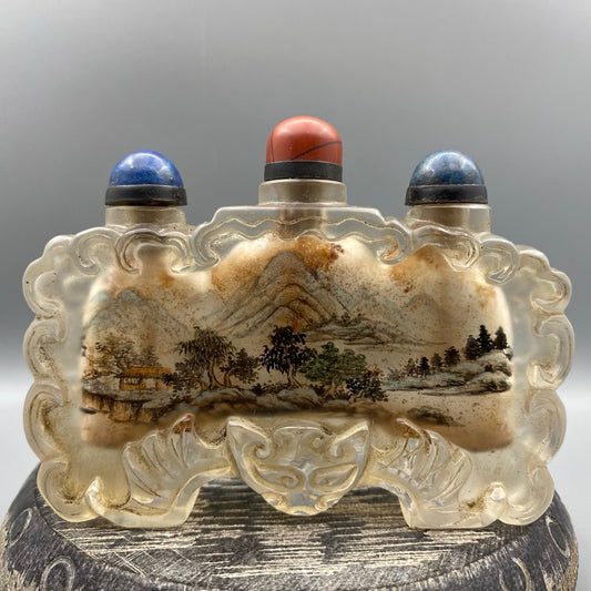 A1139 Old Chinese Peking Glass Inside Painting Mountain River Scene Design Conjoined Snuff Bottle w Stopper