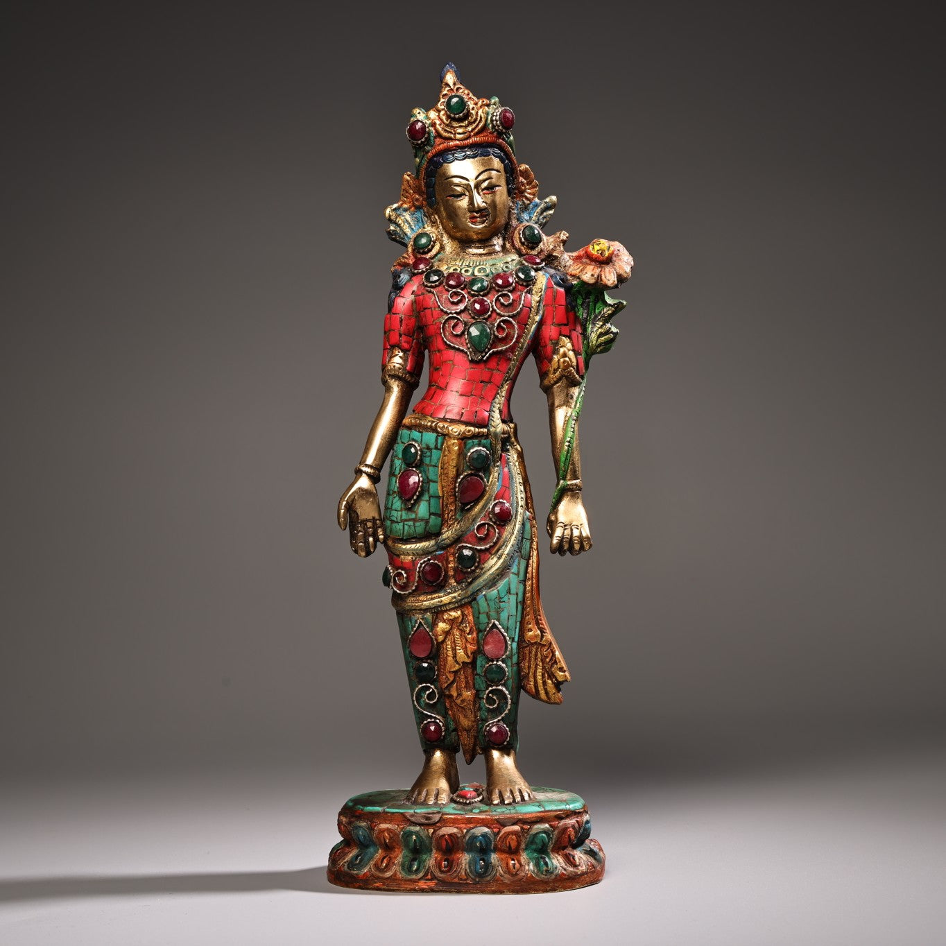 A1143 Tibetan Buddhism Gilt Gold Copper Inlay Turquoise & Gems Tara Statue