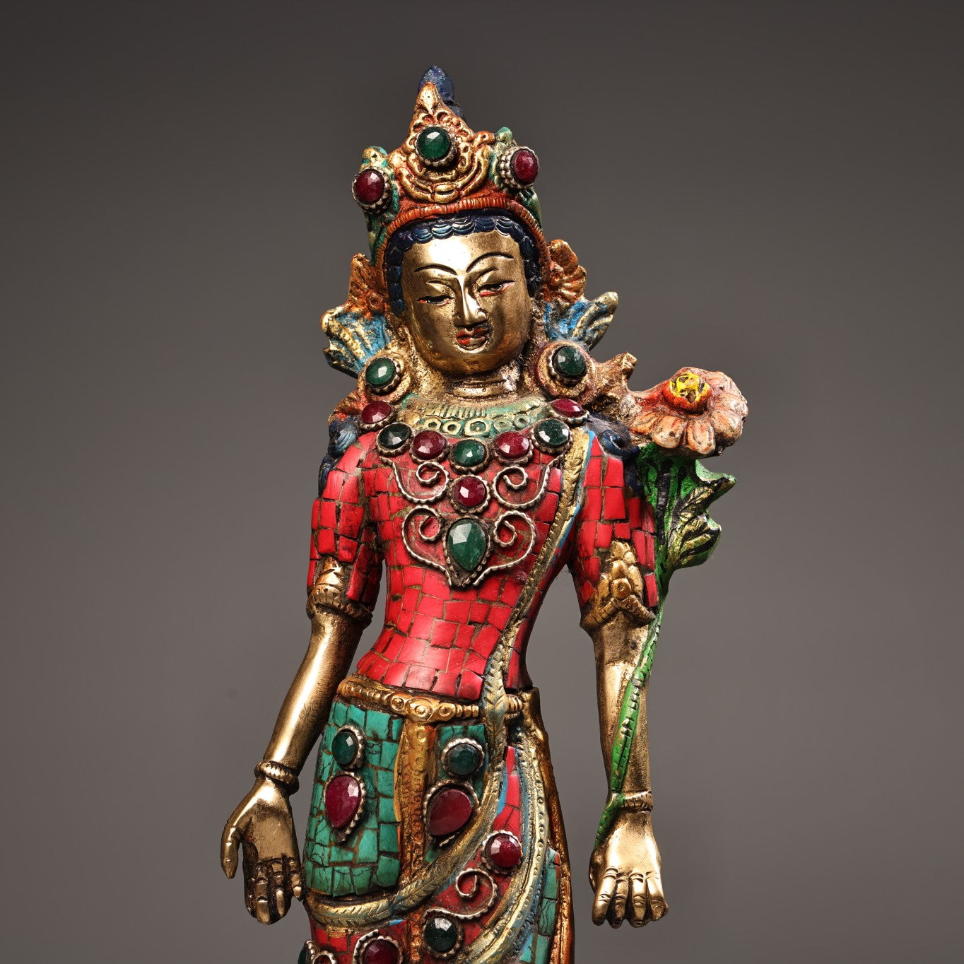 A1143 Tibetan Buddhism Gilt Gold Copper Inlay Turquoise & Gems Tara Statue