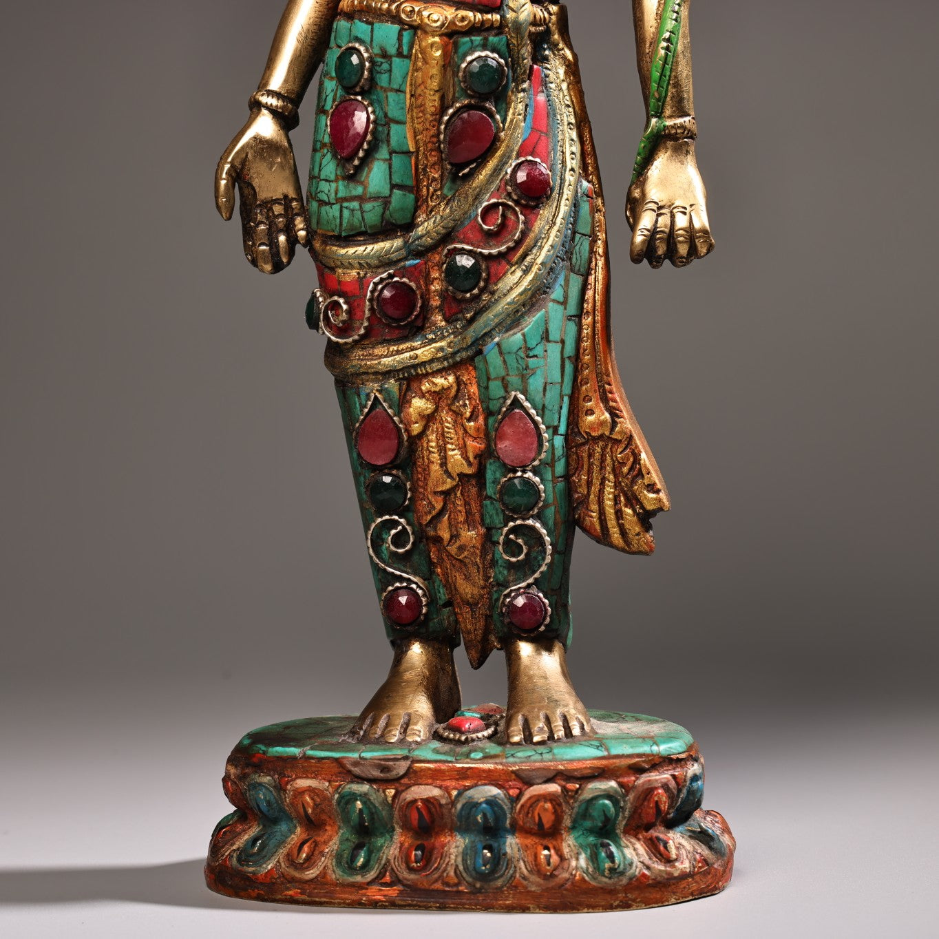 A1143 Tibetan Buddhism Gilt Gold Copper Inlay Turquoise & Gems Tara Statue
