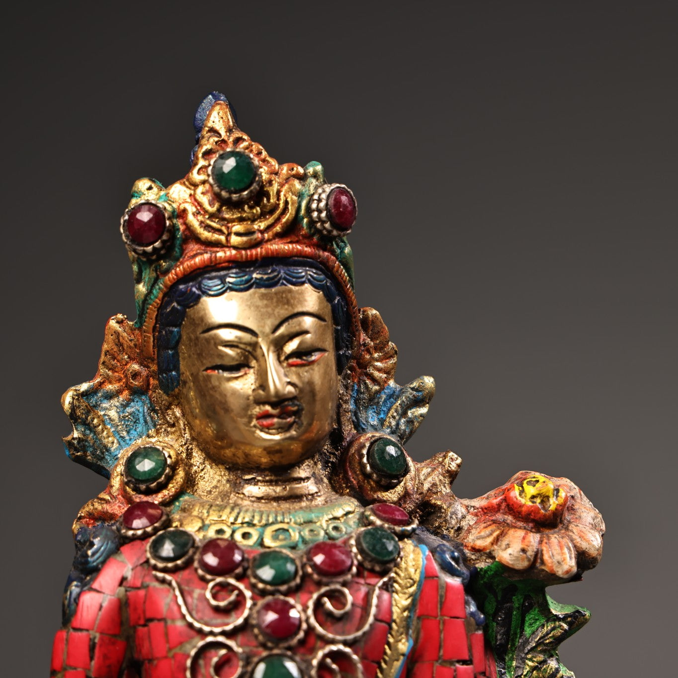 A1143 Tibetan Buddhism Gilt Gold Copper Inlay Turquoise & Gems Tara Statue