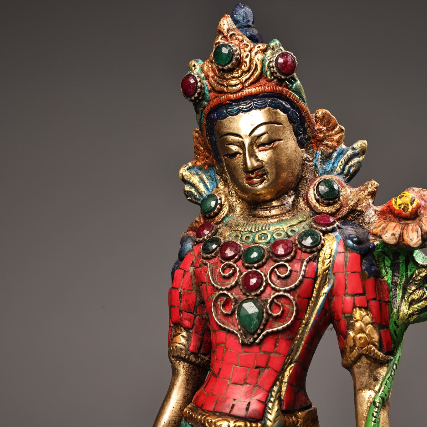A1143 Tibetan Buddhism Gilt Gold Copper Inlay Turquoise & Gems Tara Statue