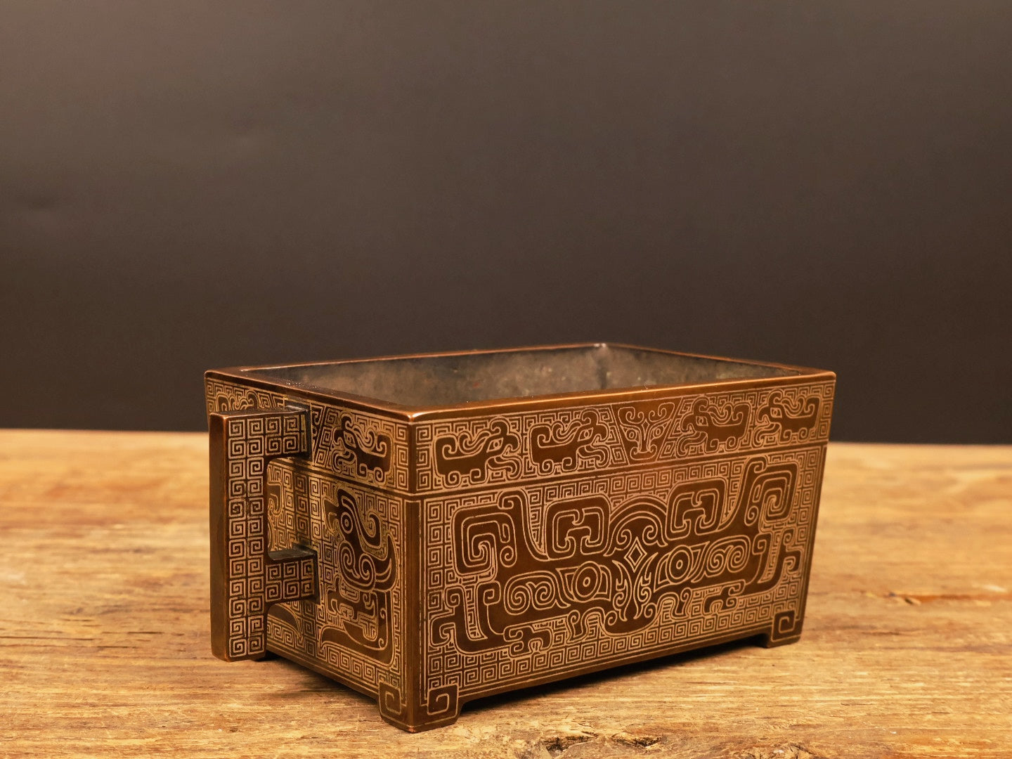 A1148 Vintage Chinese Copper Inlay Silver Wires Double Ears Incense Burner