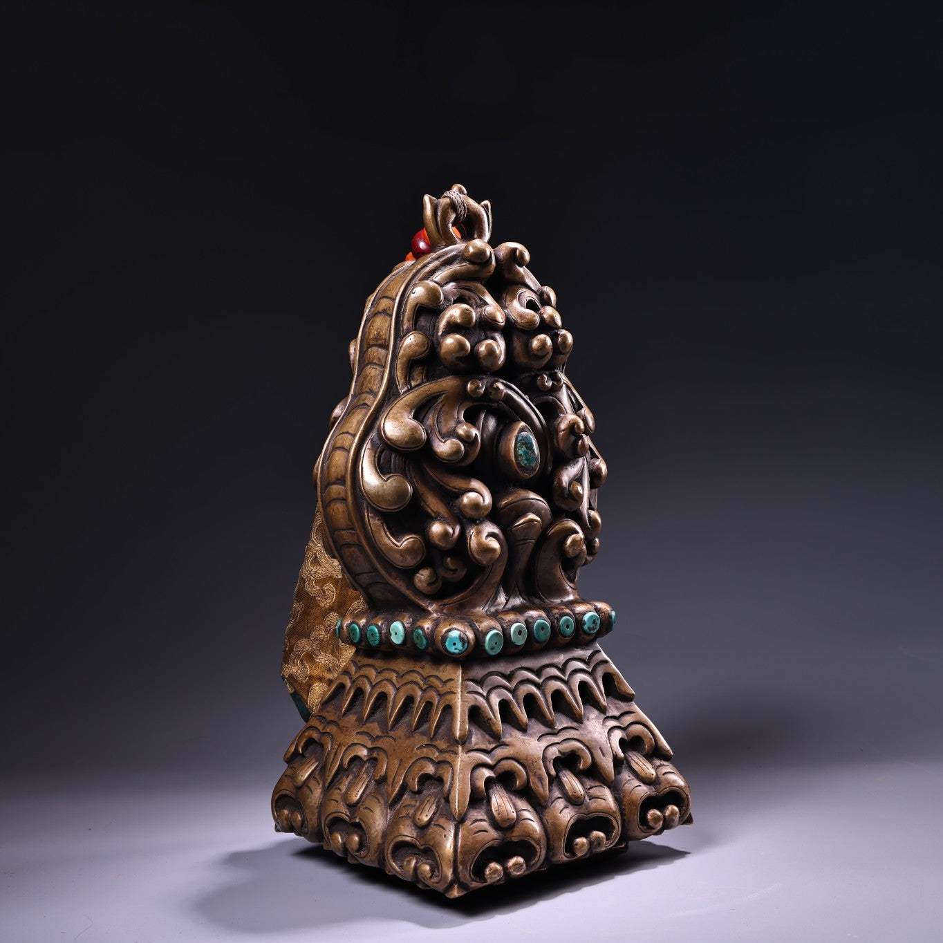 A1150 Vintage Chinese Gilt Gold Copper Inlay Turquoise Seal