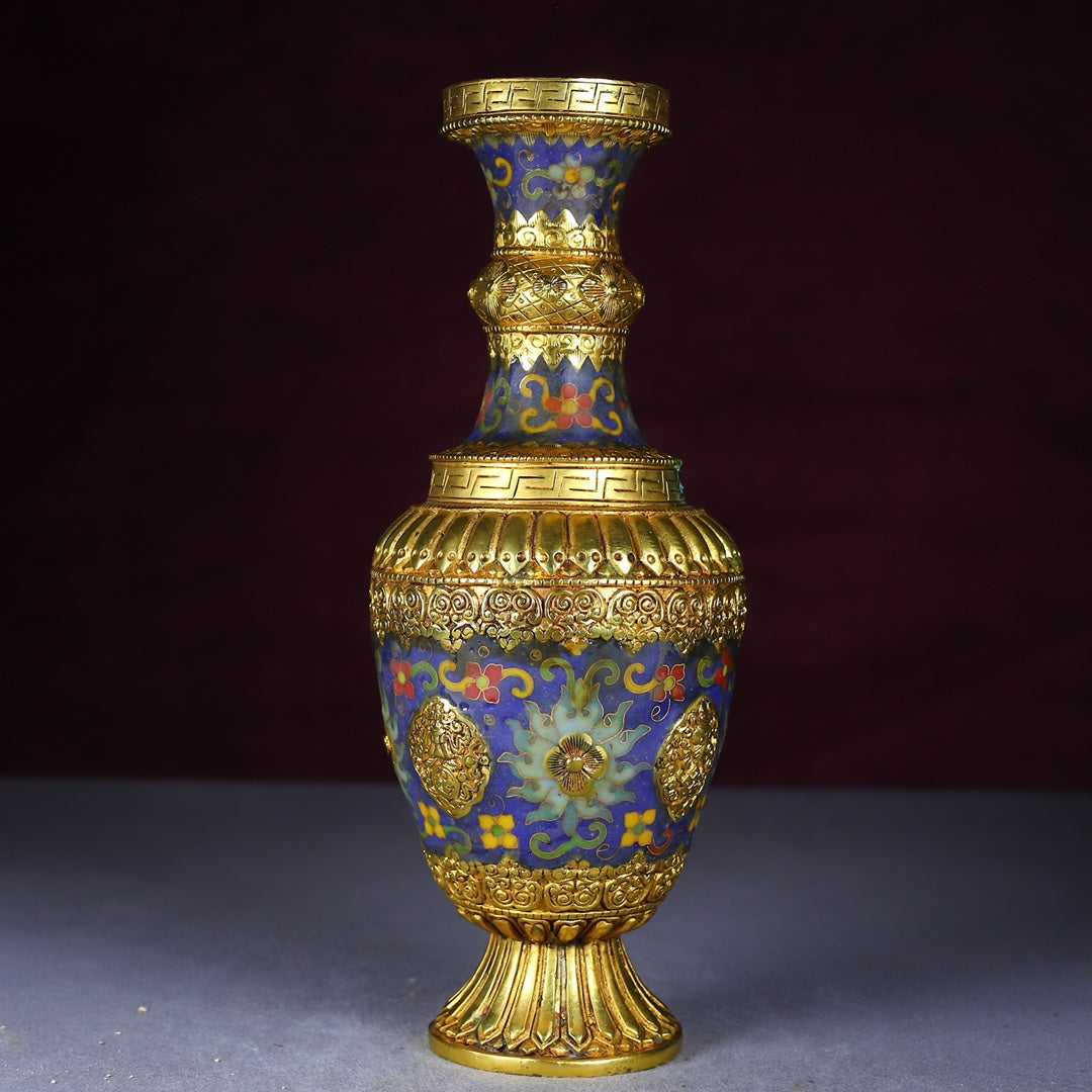 A1153 A Pair Vintage Chinese Gilt Gold Copper Cloisonne Vase