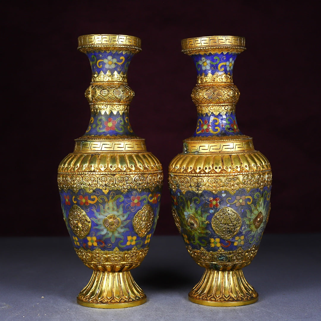 A1153 A Pair Vintage Chinese Gilt Gold Copper Cloisonne Vase