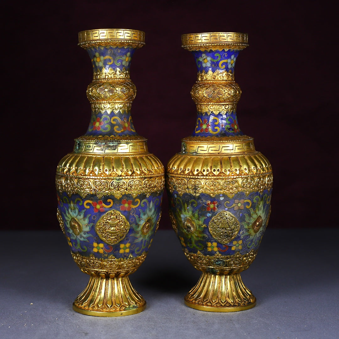 A1153 A Pair Vintage Chinese Gilt Gold Copper Cloisonne Vase