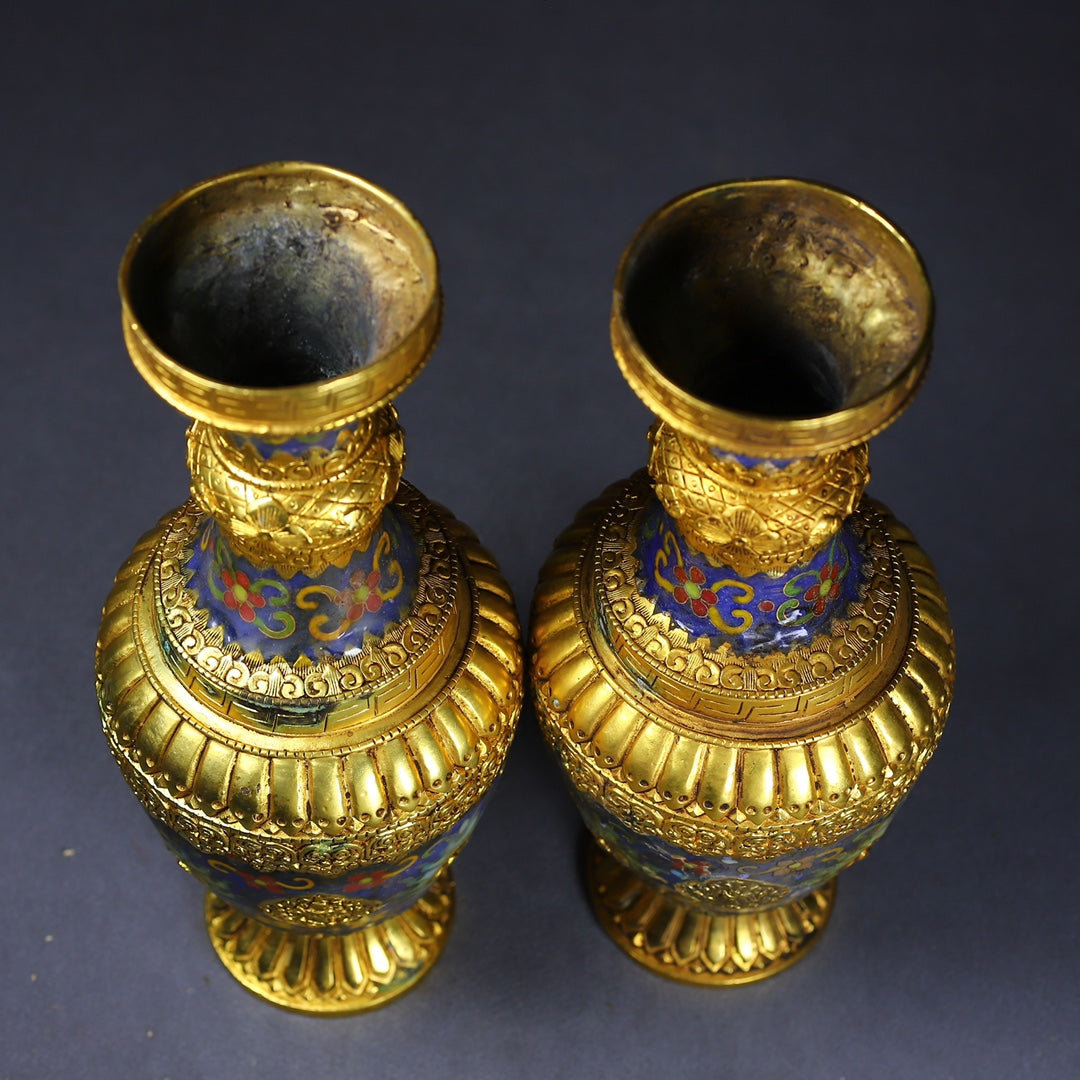A1153 A Pair Vintage Chinese Gilt Gold Copper Cloisonne Vase