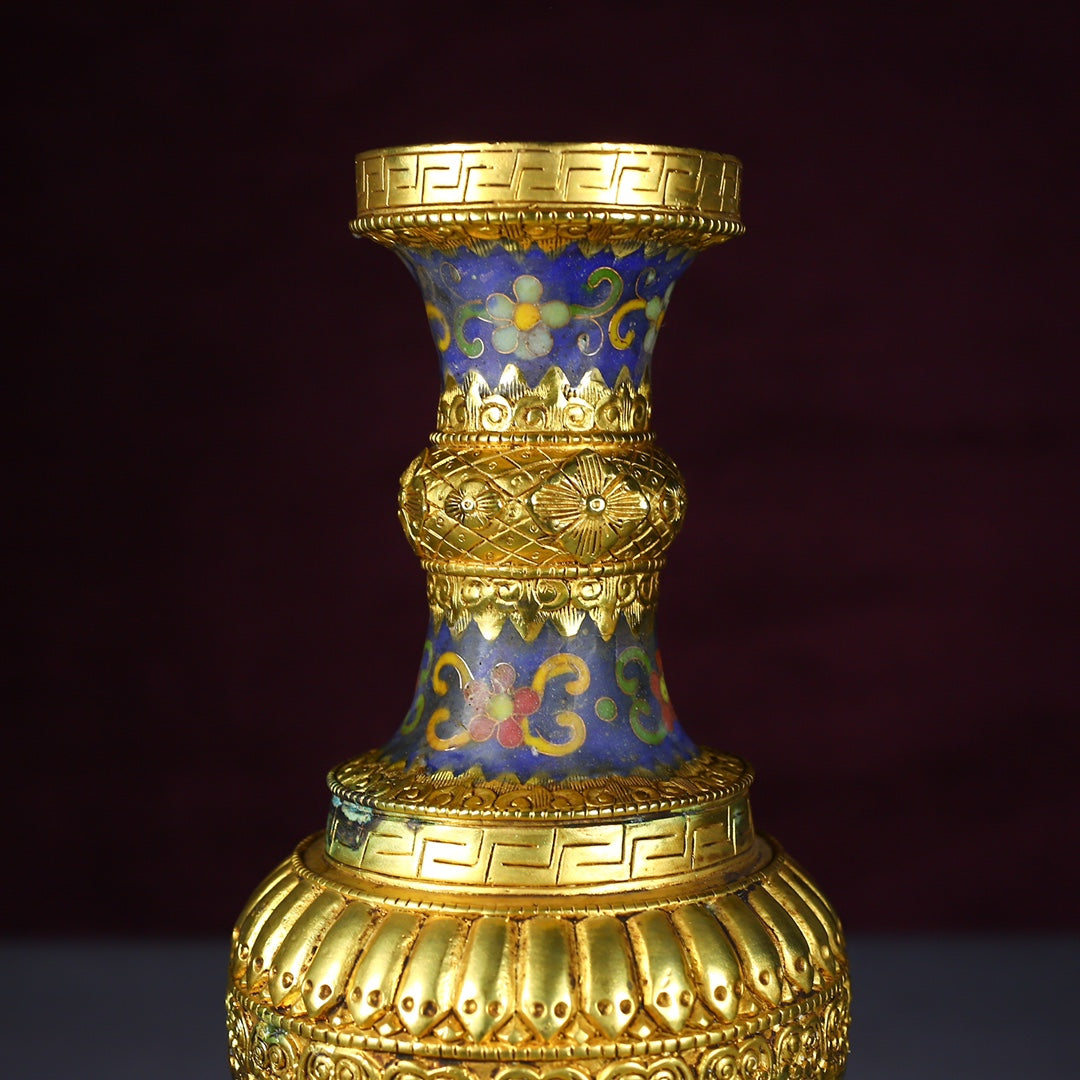 A1153 A Pair Vintage Chinese Gilt Gold Copper Cloisonne Vase