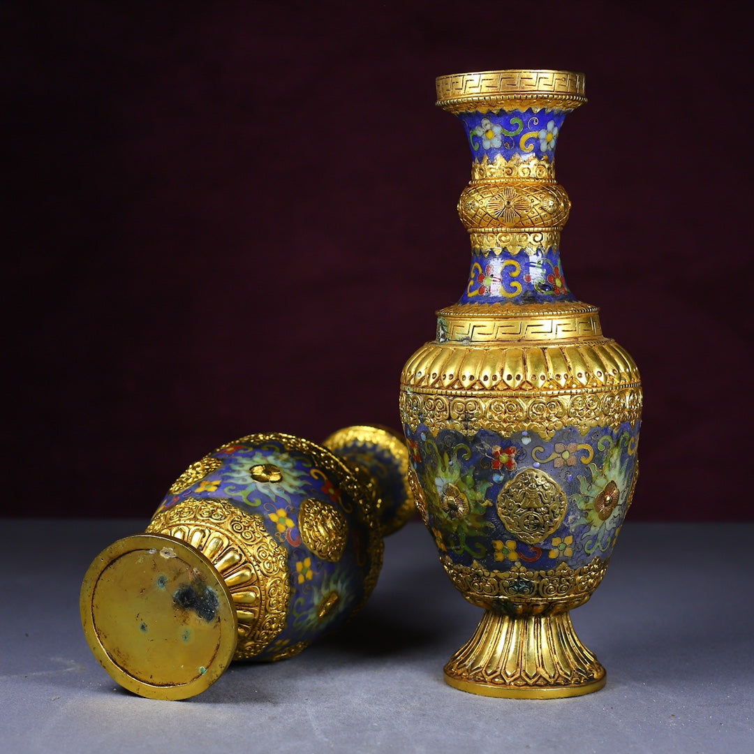 A1153 A Pair Vintage Chinese Gilt Gold Copper Cloisonne Vase