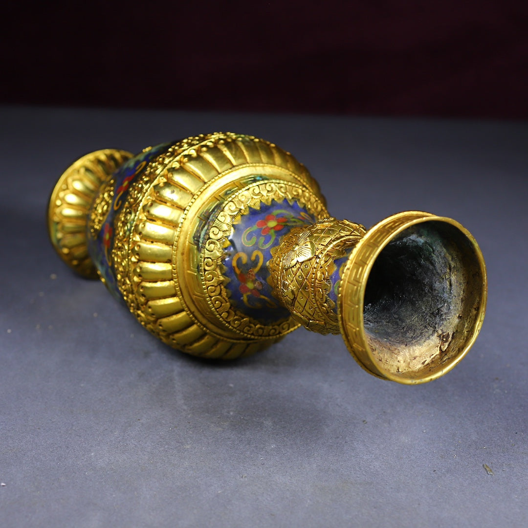 A1153 A Pair Vintage Chinese Gilt Gold Copper Cloisonne Vase