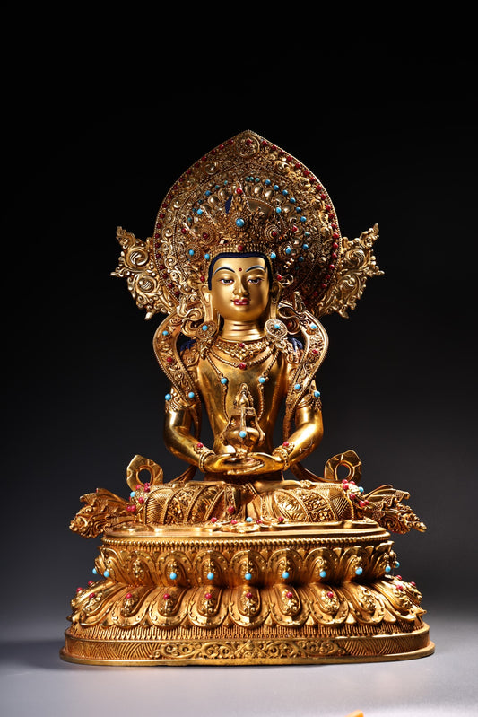 A1158 Tibetan Buddhism Gilt Gold Copper Inlay Gems Amitayus Statue