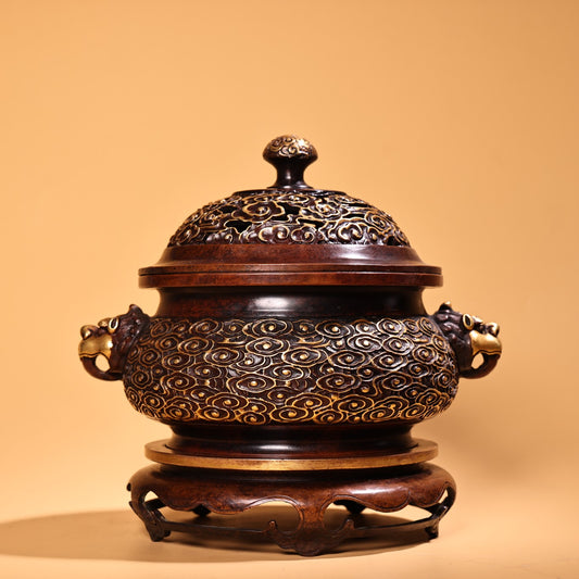 A1161 Vintage Chinese Gilt Gold Copper Double Ear Incense Burner w Base