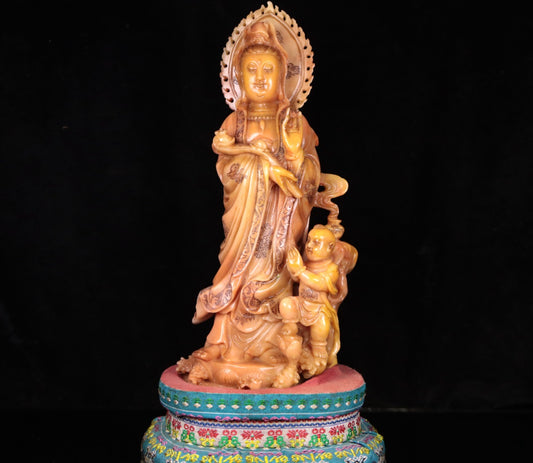 A1164 Vintage Chinese Shoushan Stone Carved Kwan-yin Statue