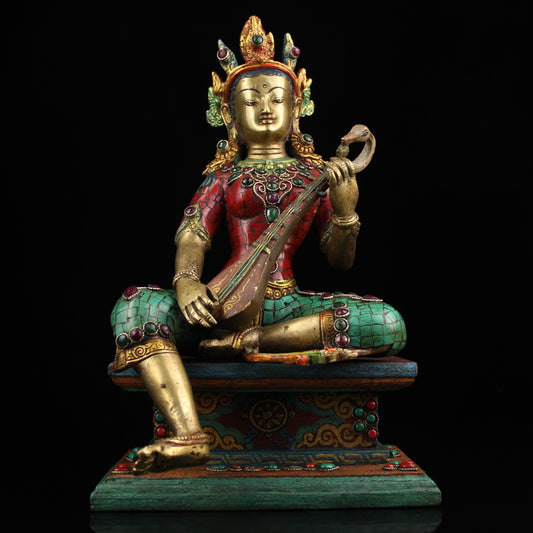 A1168 Tibetan Buddhism Gilt Gold Copper Inlay Turquoise & Gems Miaoyin Tianmu Statue