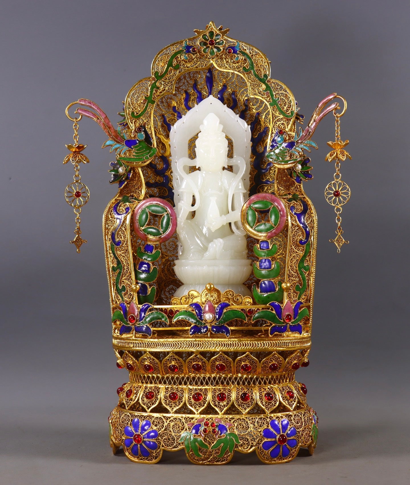A1186 Exquisite Chinese Hetian Jade Carved Kwan-yin Statue w Gold Wires Enamel Base