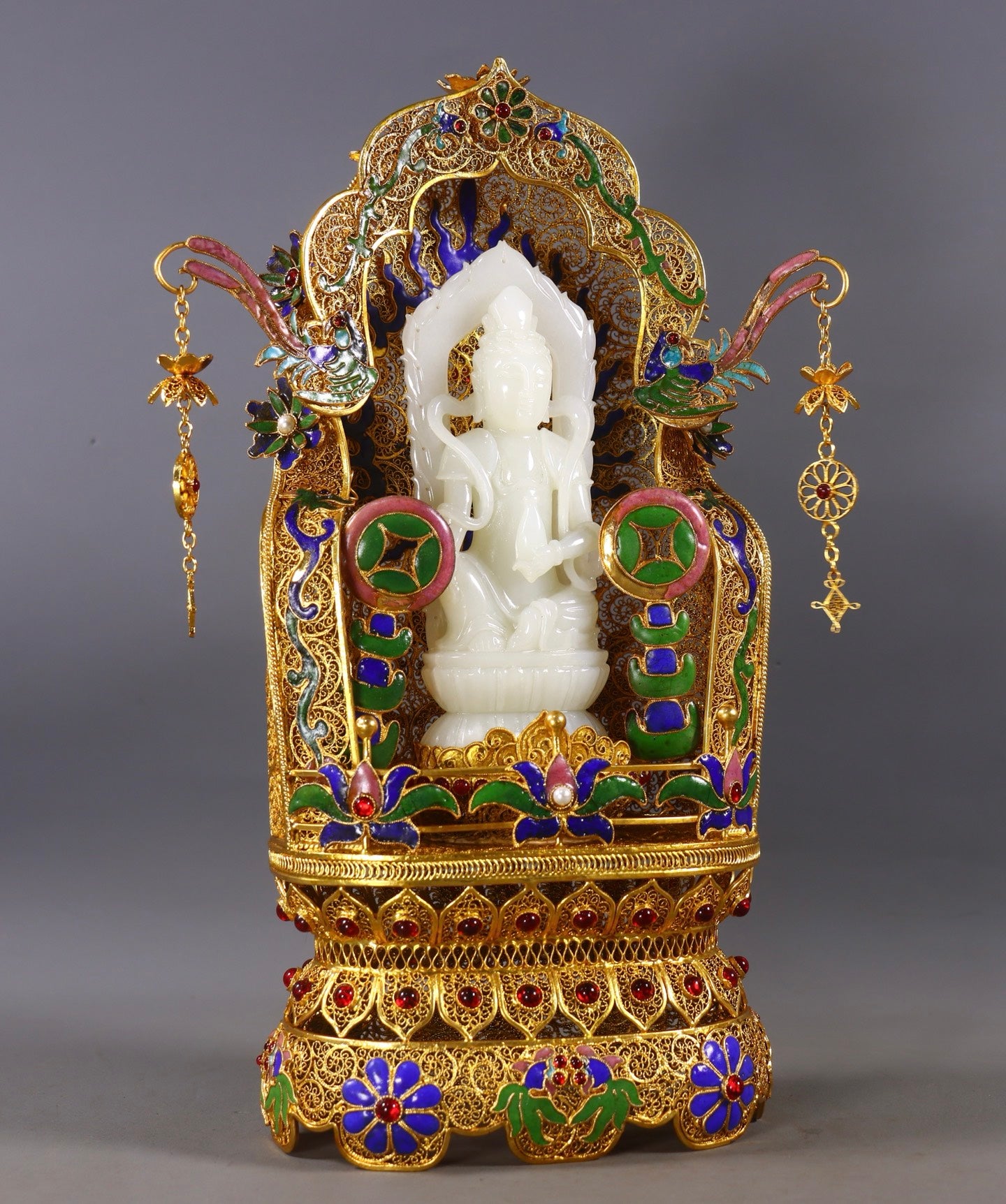 A1186 Exquisite Chinese Hetian Jade Carved Kwan-yin Statue w Gold Wires Enamel Base