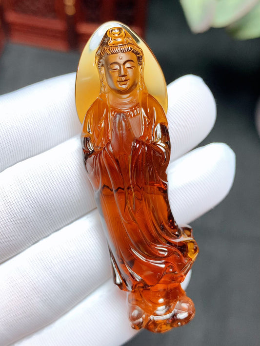 A1257 Exquisite Yellow Crystal Carved Kwan-yin Pendant