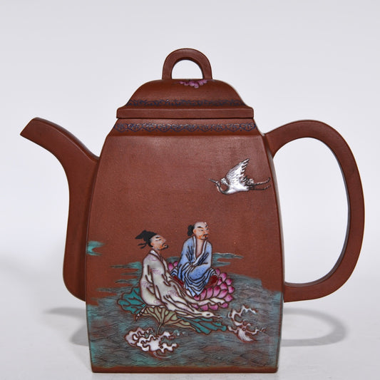 A1261 Chinese Famille Rose Yixing Zisha Clay Figure Design Teapot w Artist Signed