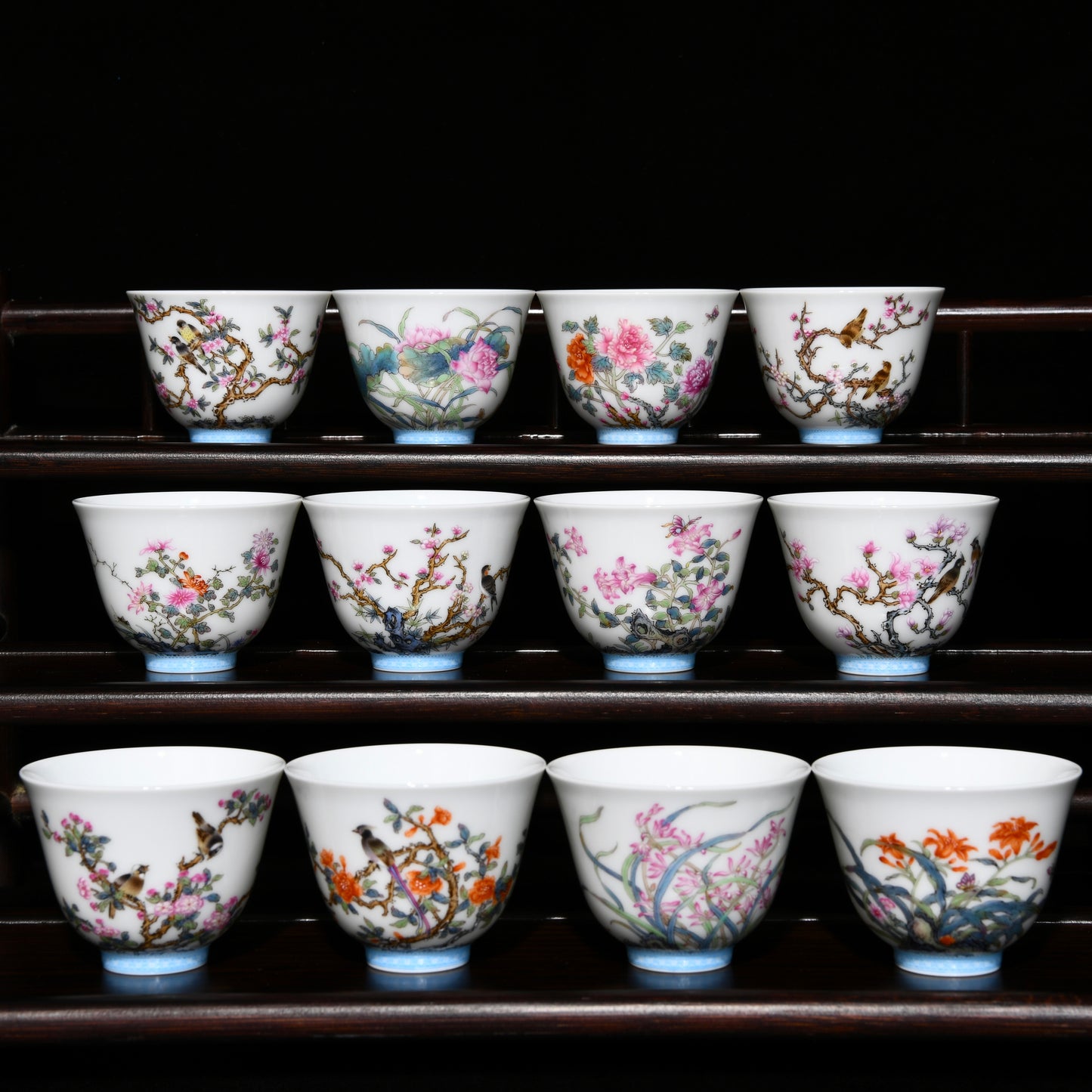 A1262 A Set 12 Chinese Qing Dynasty Famille Rose Flowers Bird Design Porcelain Cups